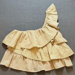 Vici Cropped Ruffled One Shoulder Top - Mustard & Ivory Stripe